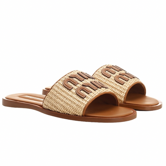 MIU MIU Raffia-effect woven fabric slides Natural