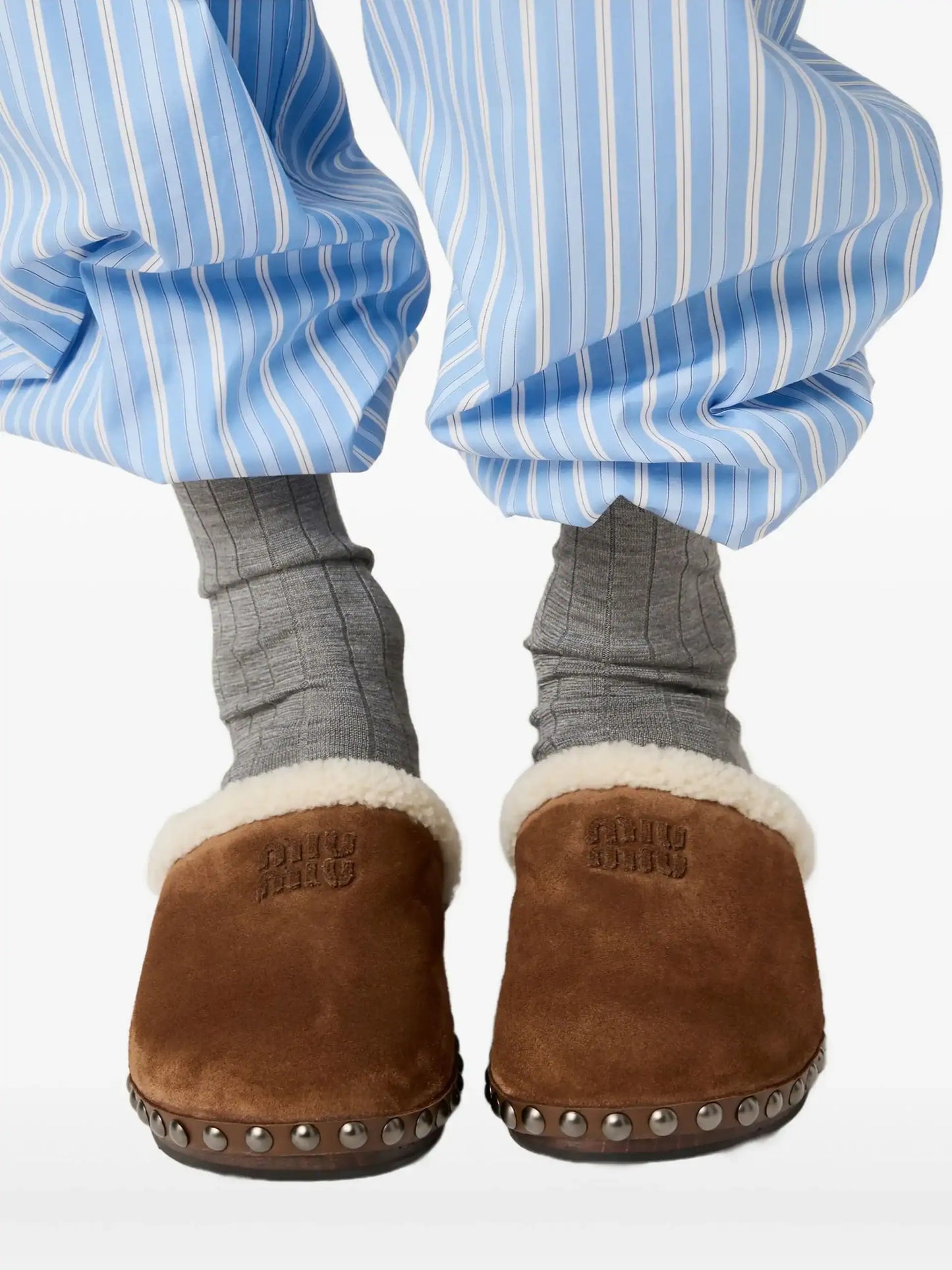 Miu Miu Shearling-Lined Suede Clogs In Brown. 