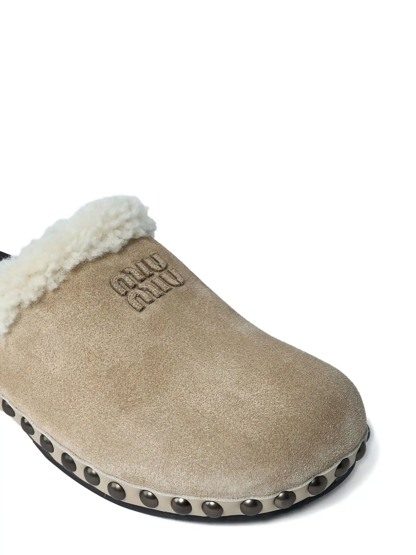 Miu Miu Shearling-Trimmed Suede Clogs. 