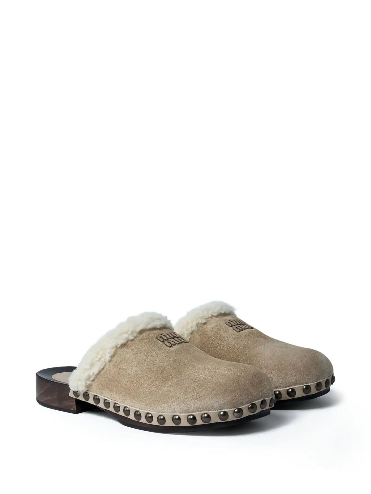 Miu Miu Shearling-Trimmed Suede Clogs. 