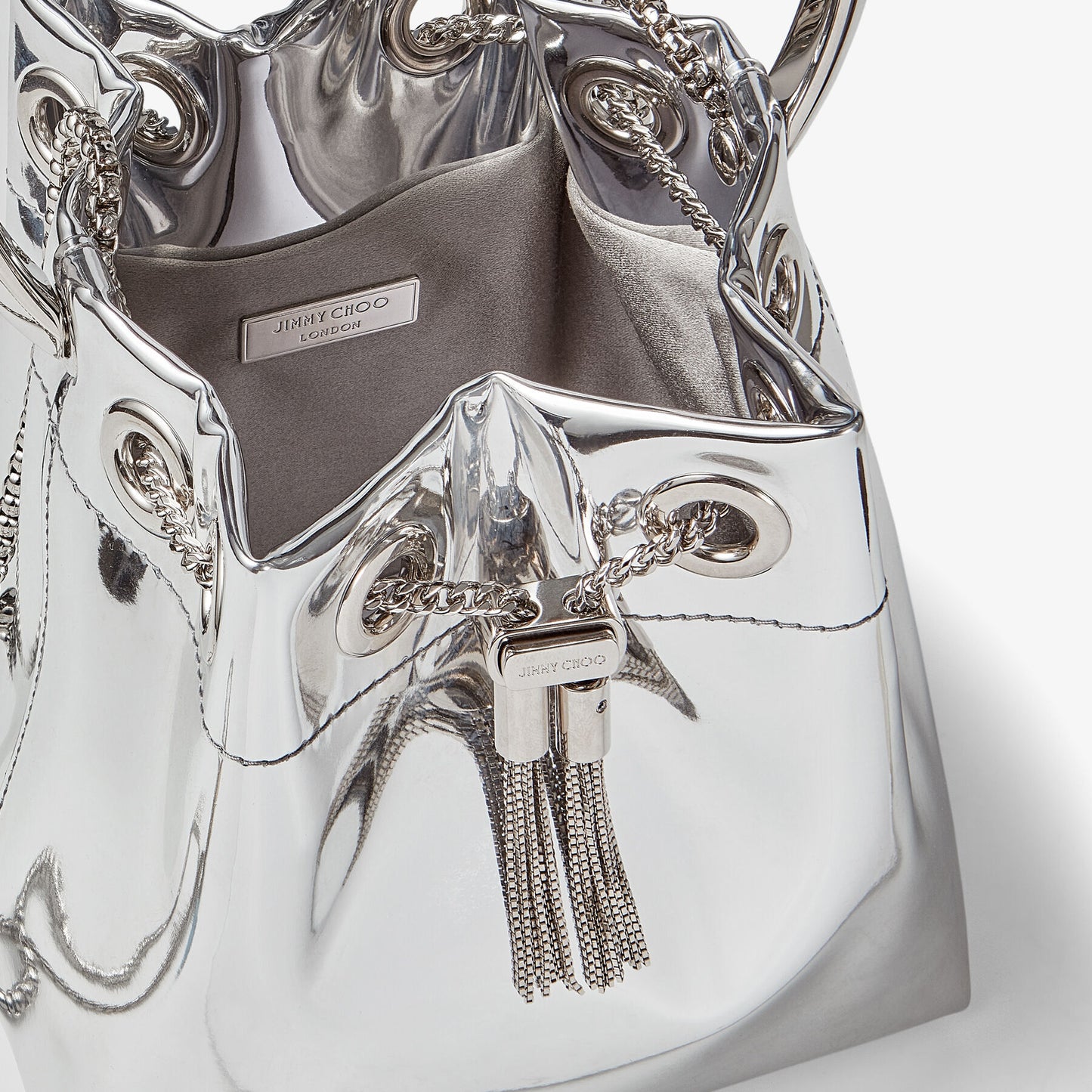 Jimmy Choo Bon Bon Silver Mirror Fabric Mini Bag with Metal Handle