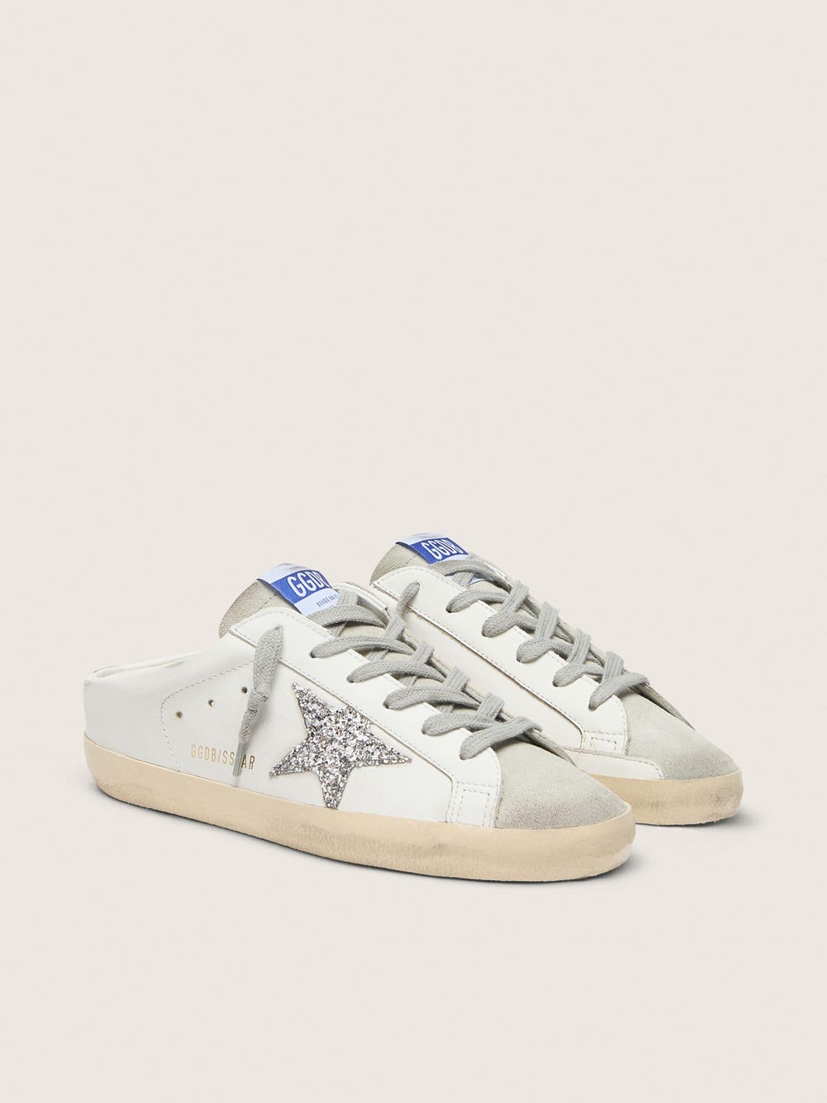 Super-Star Sabots In White Leather And Gray Suede With Silver Glitter Star