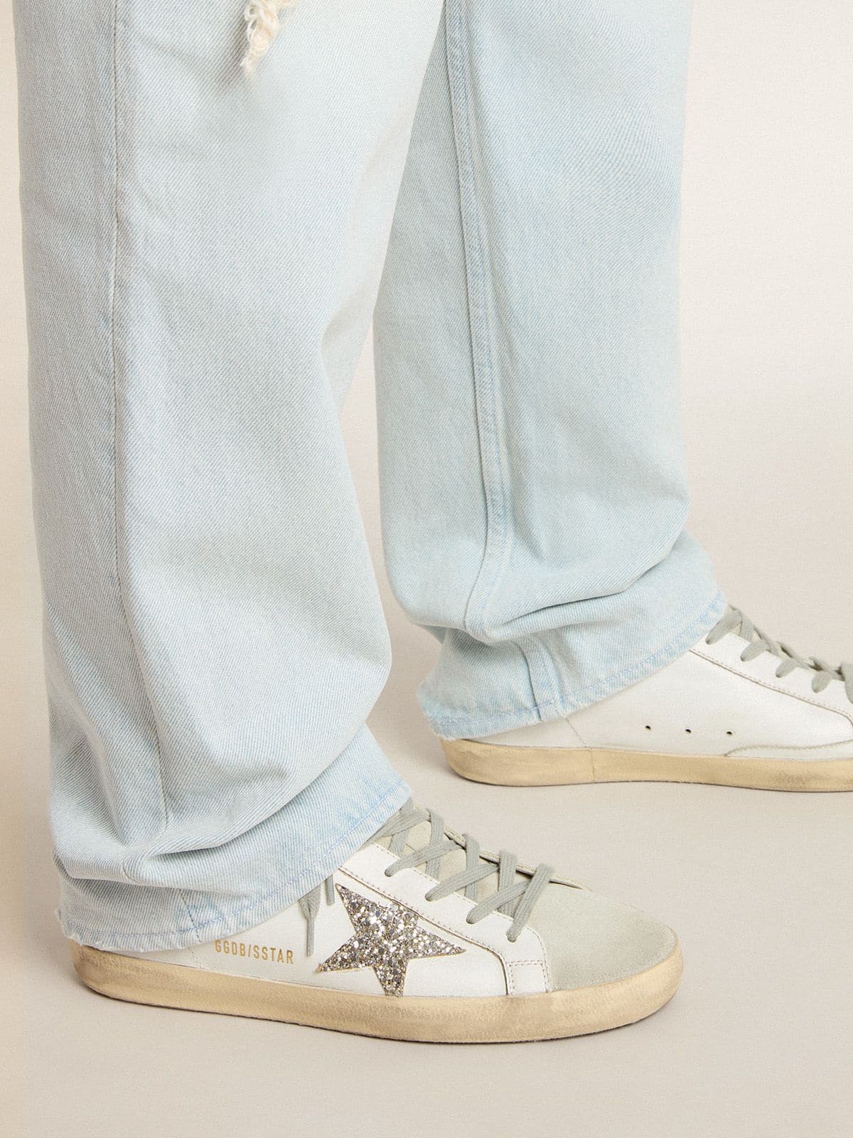 Super-Star Sabots In White Leather And Gray Suede With Silver Glitter Star