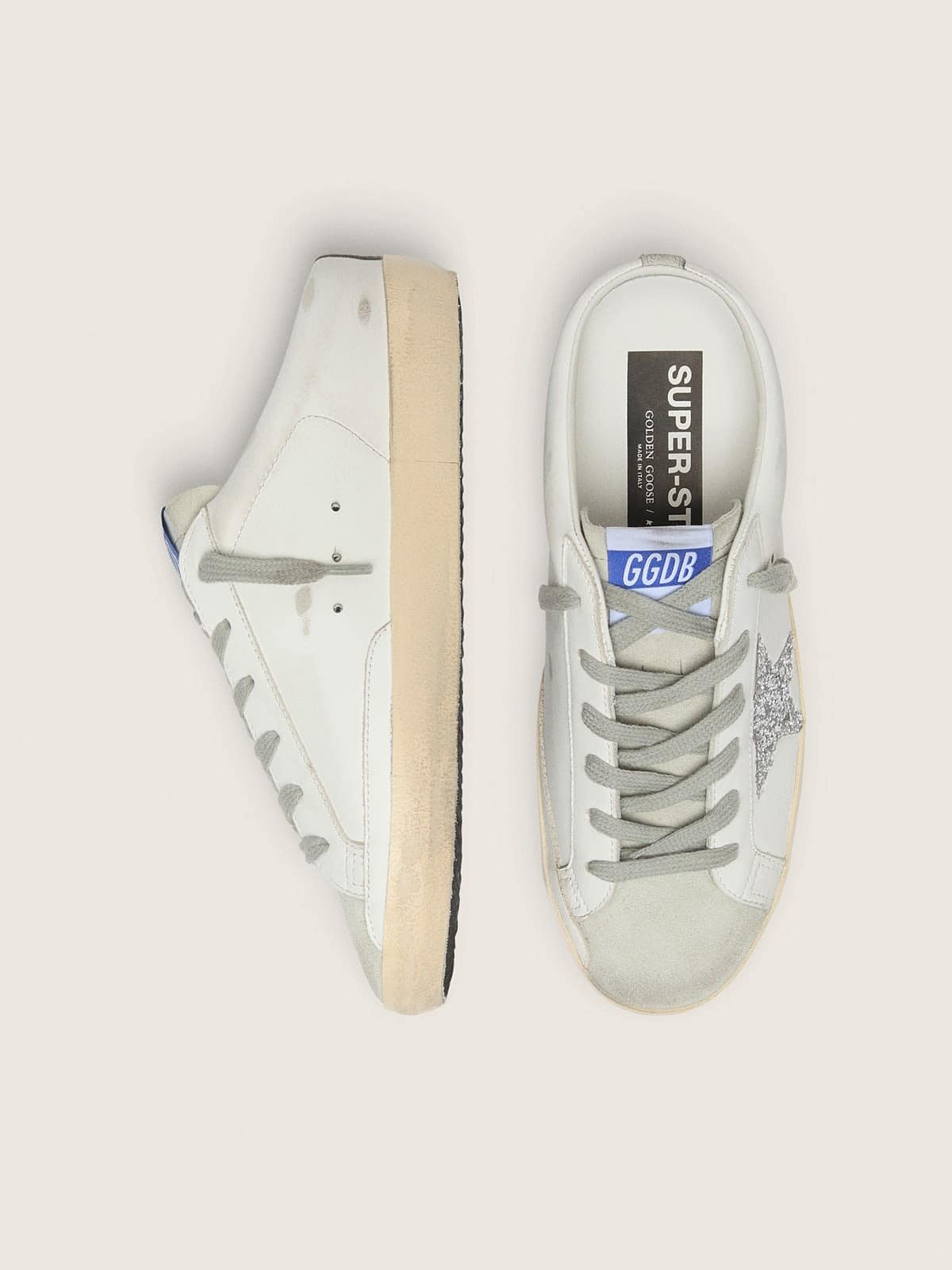 Super-Star Sabots In White Leather And Gray Suede With Silver Glitter Star