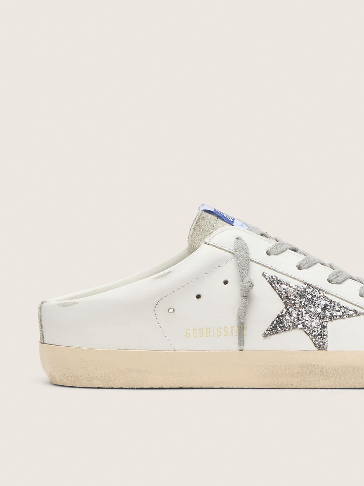 Super-Star Sabots In White Leather And Gray Suede With Silver Glitter Star