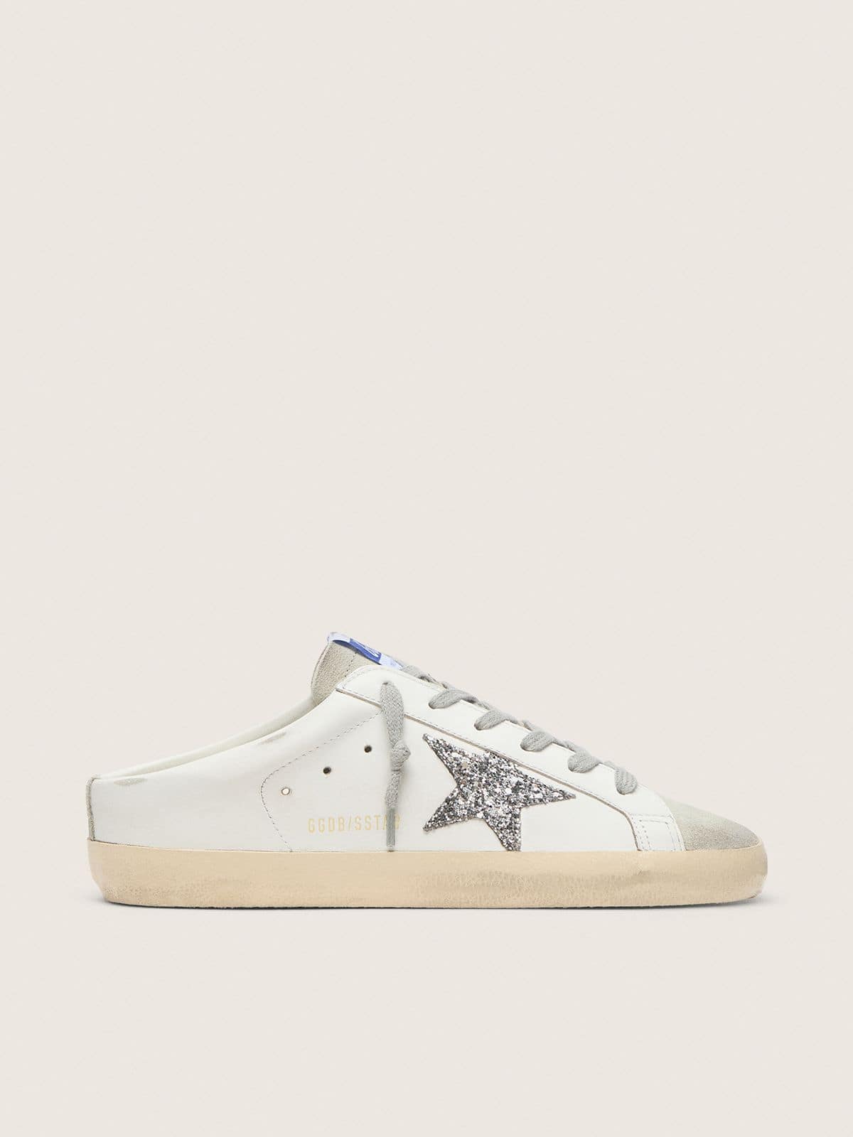 Super-Star Sabots In White Leather And Gray Suede With Silver Glitter Star