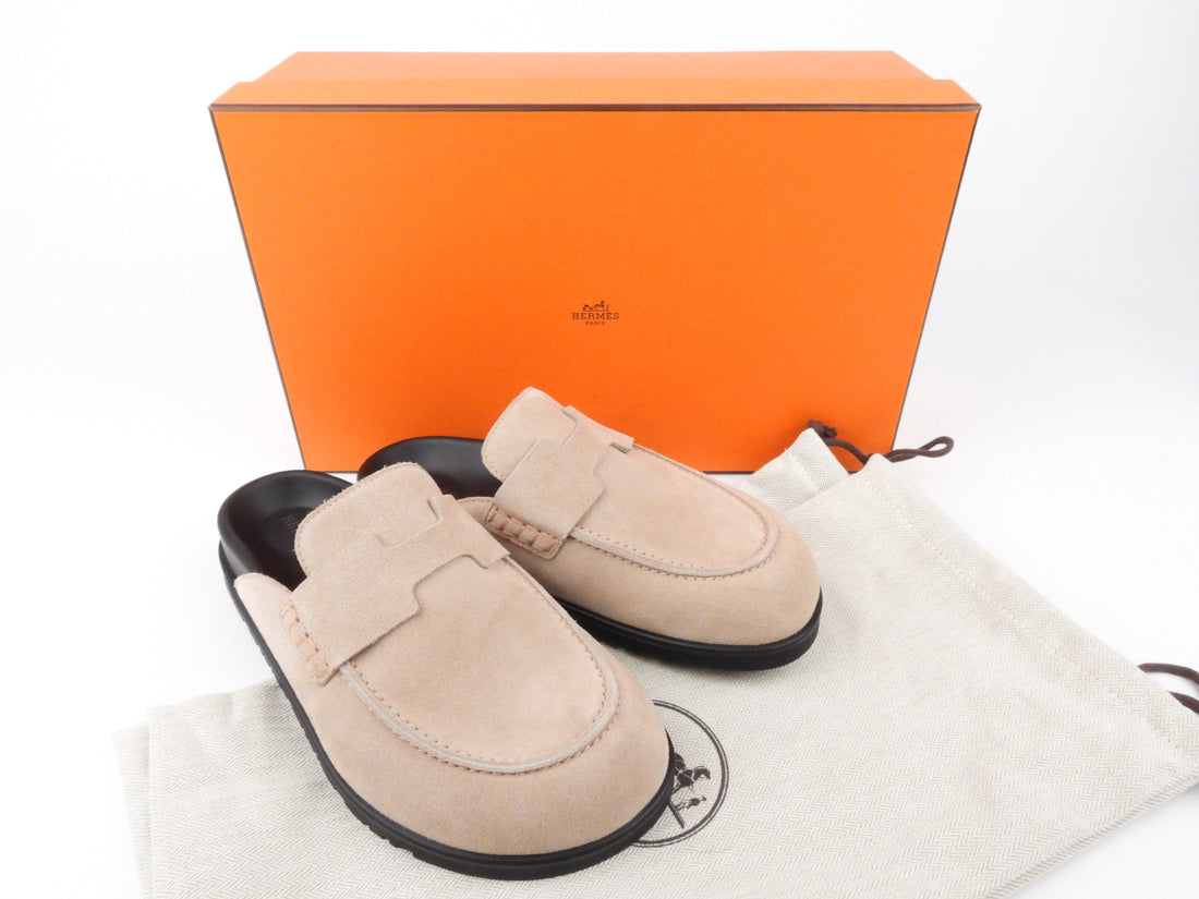 Hermès Go Mules In Beige Suede Calfskin