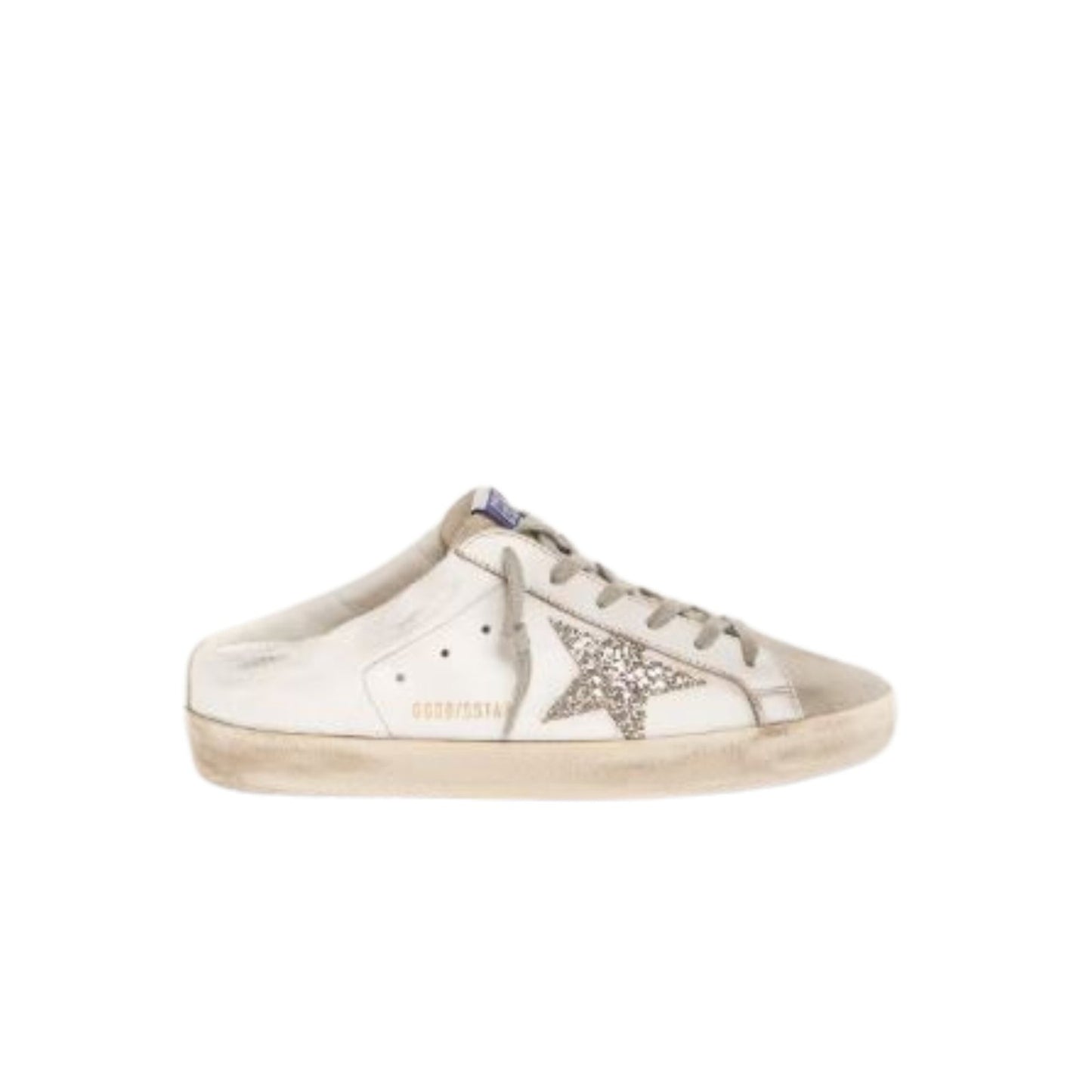 Super-Star Sabots In White Leather And Gray Suede With Silver Glitter Star