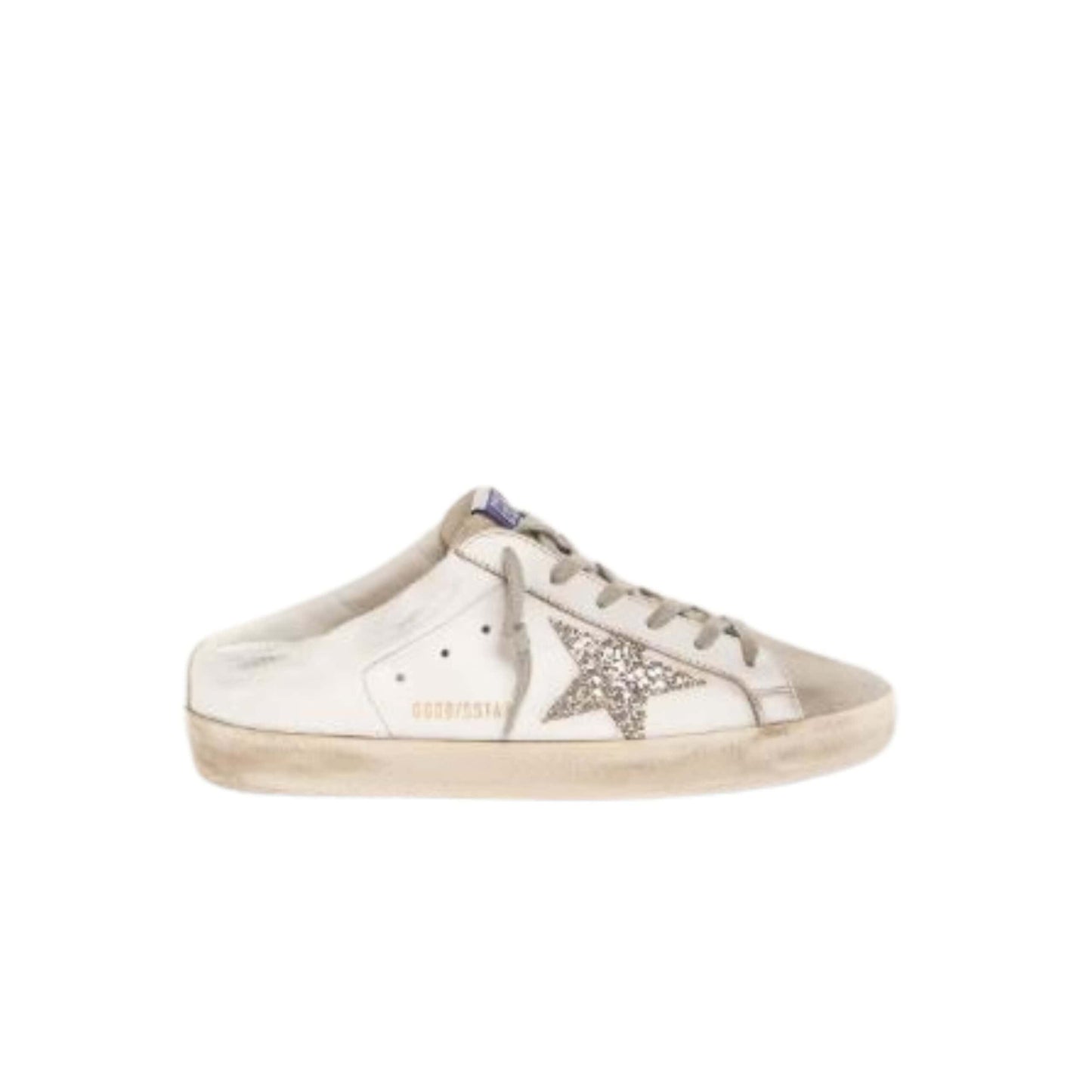 Super-Star Sabots In White Leather And Gray Suede With Silver Glitter Star