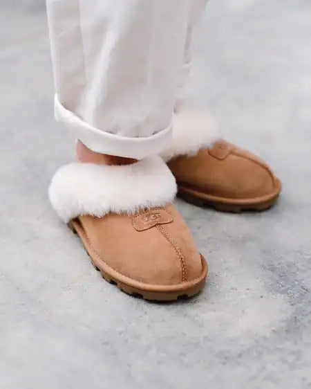 Coquette Slippers Chestnut Suede With A Sheepskin Lining. 