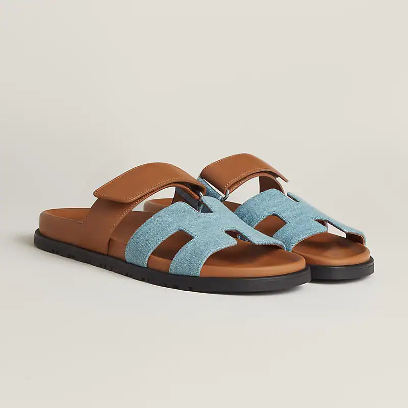 HERMES Denim Calfskin Chypre Sandals Bleu Clair Naturel