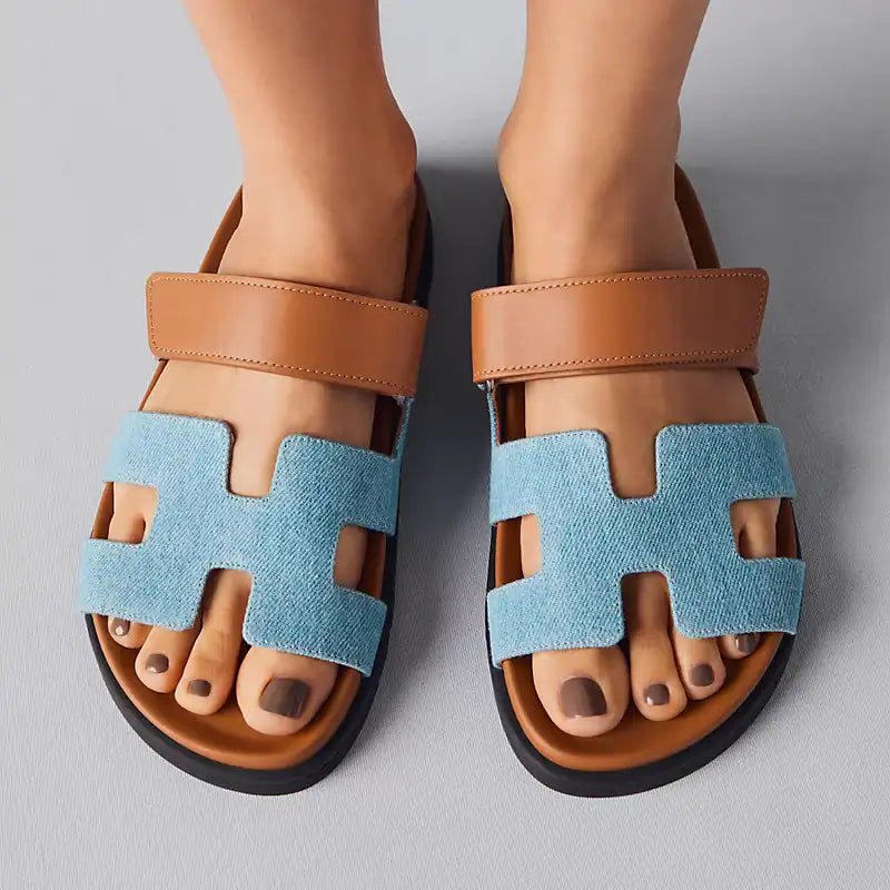 HERMES Denim Calfskin Chypre Sandals Bleu Clair Naturel