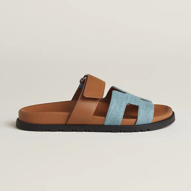 HERMES Denim Calfskin Chypre Sandals Bleu Clair Naturel