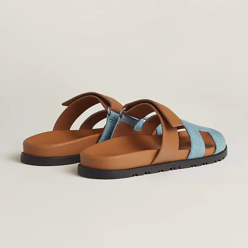 HERMES Denim Calfskin Chypre Sandals Bleu Clair Naturel
