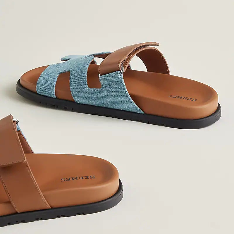 HERMES Denim Calfskin Chypre Sandals Bleu Clair Naturel