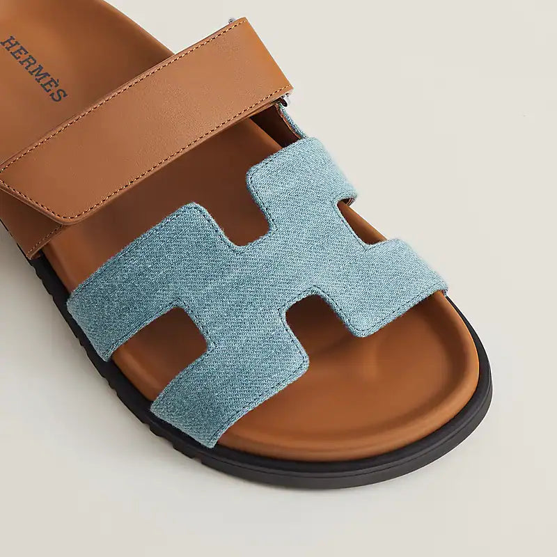 HERMES Denim Calfskin Chypre Sandals Bleu Clair Naturel