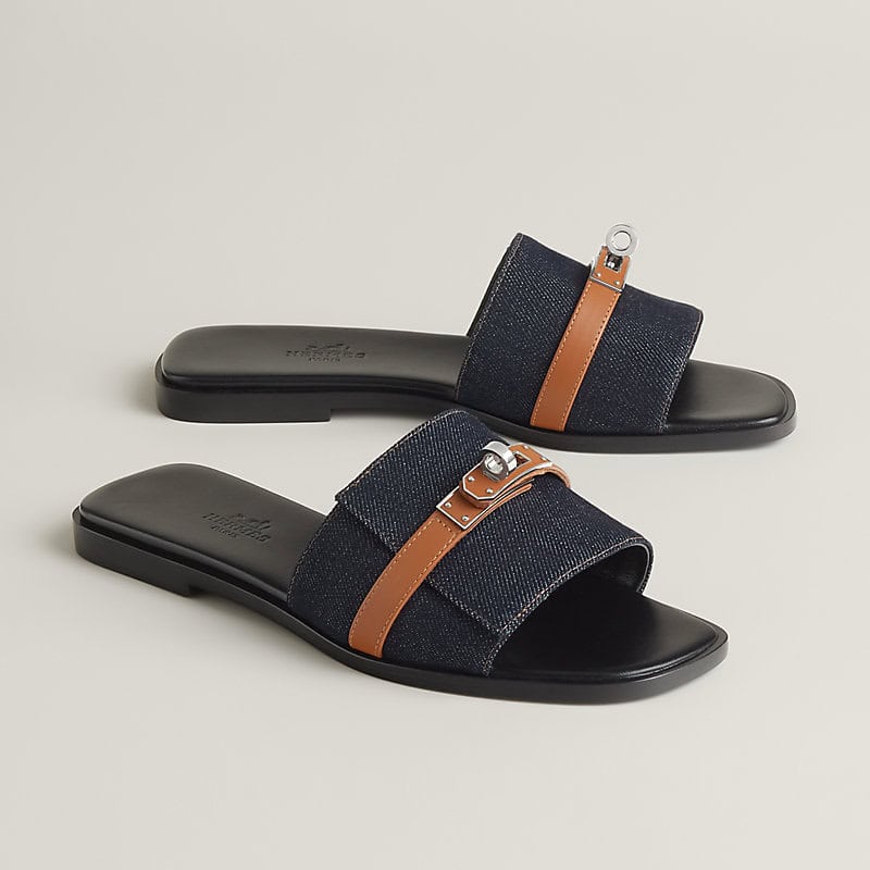 Hermes Giulia Sandal Bleu Brut /Naturel